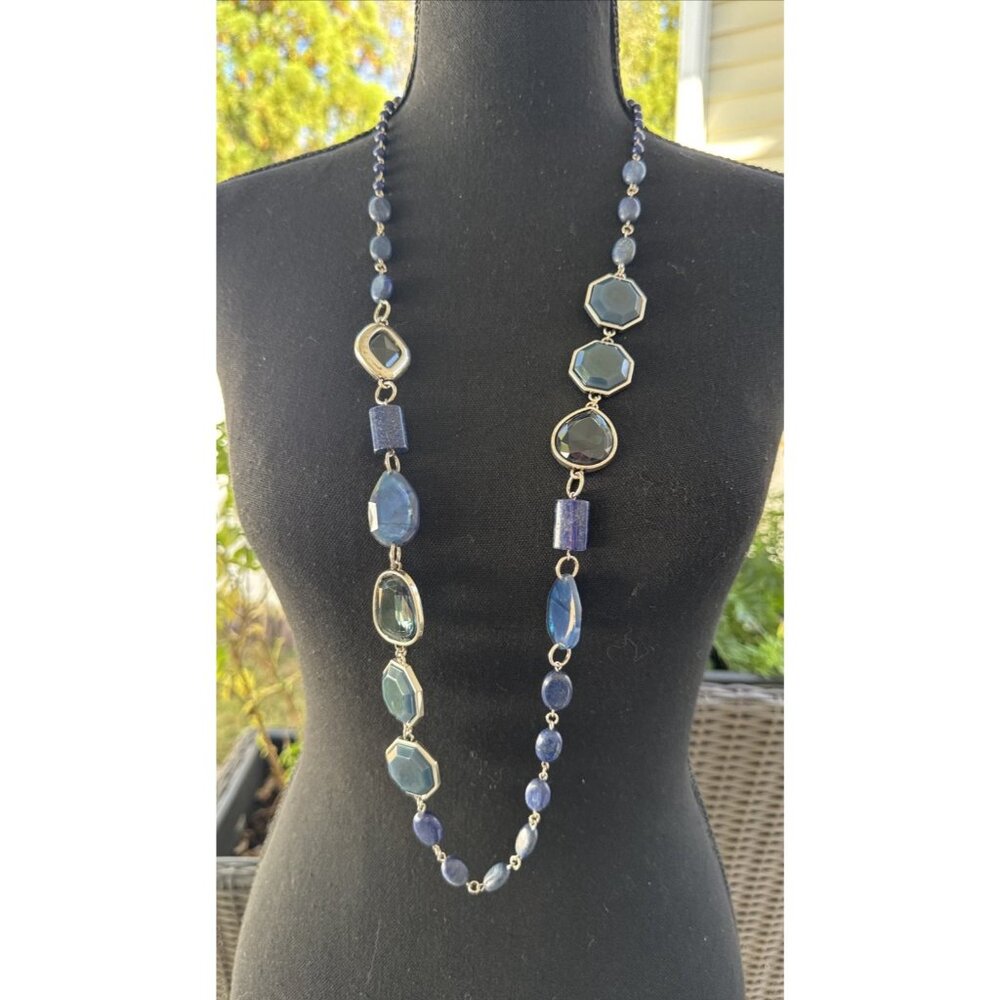 Chicos Blue Stone Silver Tone 19" Long Beaded Chain Statement Necklace NEW